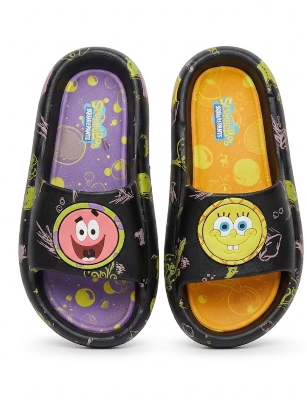 Ground up SpongeBob & Patrick Black Slide Sandals - Fun Yellow & Purple Insole.